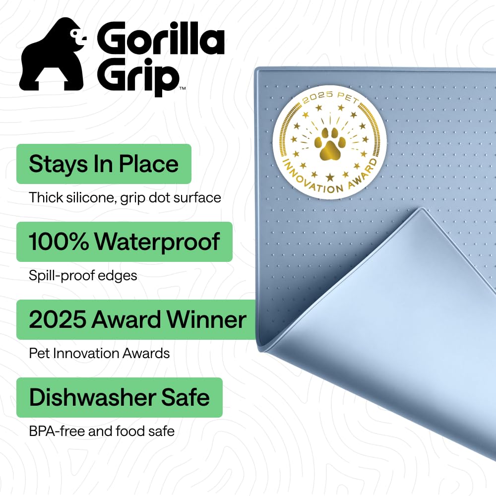 GORILLA GRIP Dog Food Mat, 100% Waterproof Silicone, 18.5x11.5 Gray