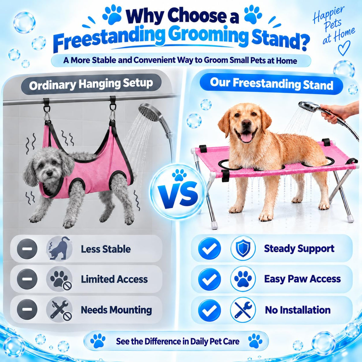 Dog Bed Foldable Grooming Hammock Stand and Bath Holder for Small Pets