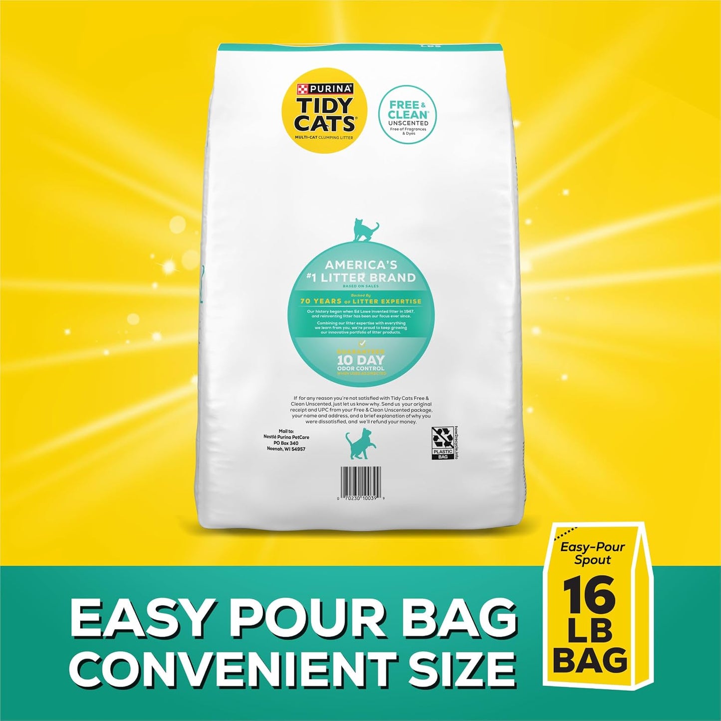 Purina Tidy Cats Free and Clean Unscented Clumping Cat Litter, 16 lb Bag