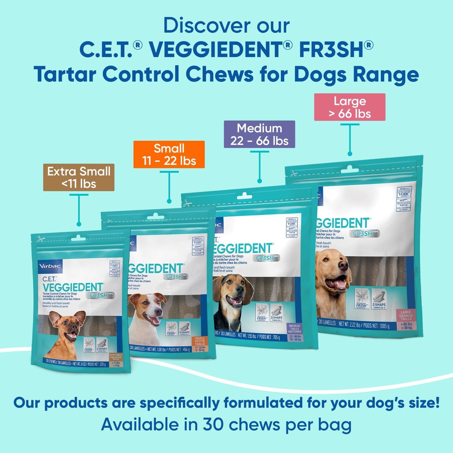 Virbac CET Veggiedent FR3SH Tartar Control Chews for Large Dogs Over 66 Pounds, Plant-Based Formula, 30 Count Bag