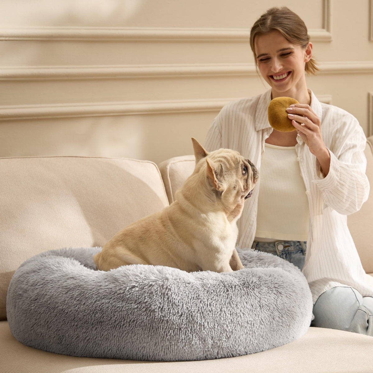 Bedsure Calming Dog Bed Medium Size Dog Donut Washable Pet Bed,30ins Camel
