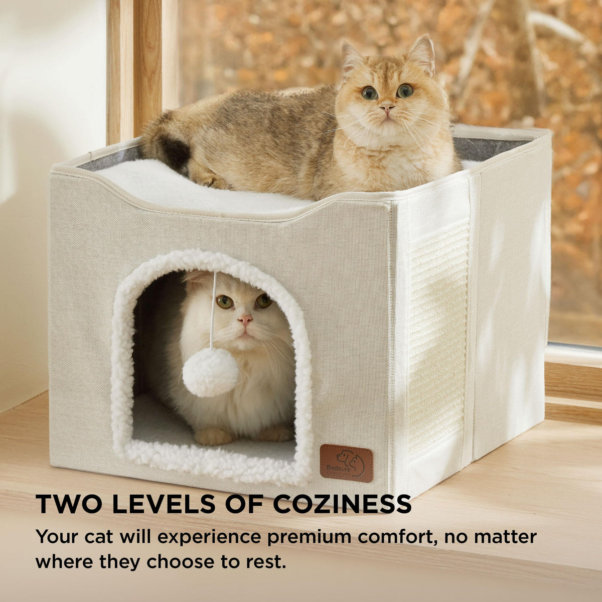 Bedsure Cat House Bed for Indoor Cats with Fluffy Ball and Scratch Pad,Grey