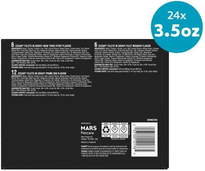 Cesar Filets in Gravy Wet Dog Food, Steak Mix Variety, 3.5 oz, 24 Count