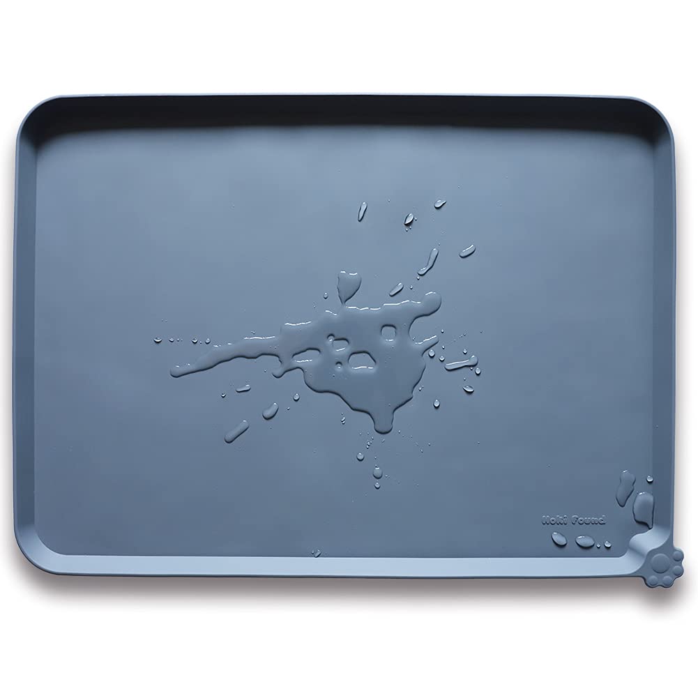 Hoki Found Large Silicone Pet Feeding Tray - Waterproof Dog Pet Cat Feeding Mat - Non Slip Pet Dog Cat Food Bowl Mats Placemat -Pet Water Mats for Carpet -Gray
