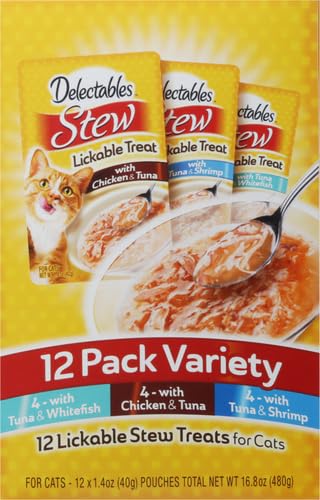 Delectables Lickable Treat Stew Wet Cat Treat with Real Tuna & Shrimp, Food Topper, Hydrating, Grain-Free, No Fillers, No By-Products, No Added Preservatives, 1.4oz Pouch, 12ct