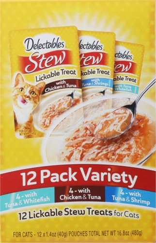 Delectables Lickable Treat Stew Wet Cat Treat with Real Tuna & Shrimp, Food Topper, Hydrating, Grain-Free, No Fillers, No By-Products, No Added Preservatives, 1.4oz Pouch, 12ct