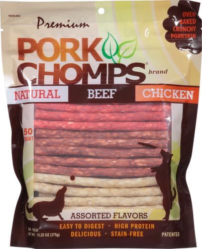 Pork Chomps Dog Chews, 5 in Munchy Sticks, Assorted Flavors, 50 Count