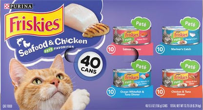 Purina Friskies Pate Wet Cat Food Variety, Seafood & Chicken, (40) 5.5 oz