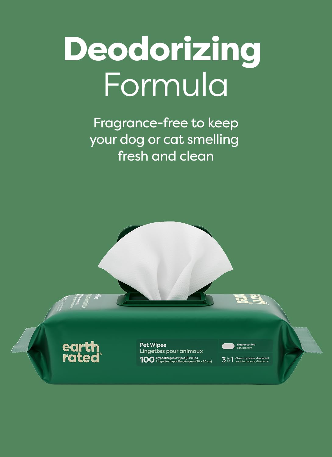 Earth Rated Dog Wipes for Paws & Butt, Deodorizing, Unscented, 100ct
