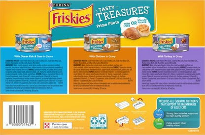 Friskies Purina Wet Cat Food Variety Pack, Tasty Treasures Prime Filets (with Ocean Fish and Tuna, with Chicken and with_Turkey) - 5.5 Ounce (Pack of 24)