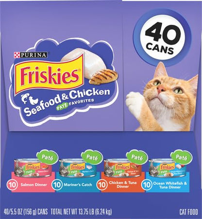 Purina Friskies Pate Wet Cat Food Variety, Seafood & Chicken, (40) 5.5 oz
