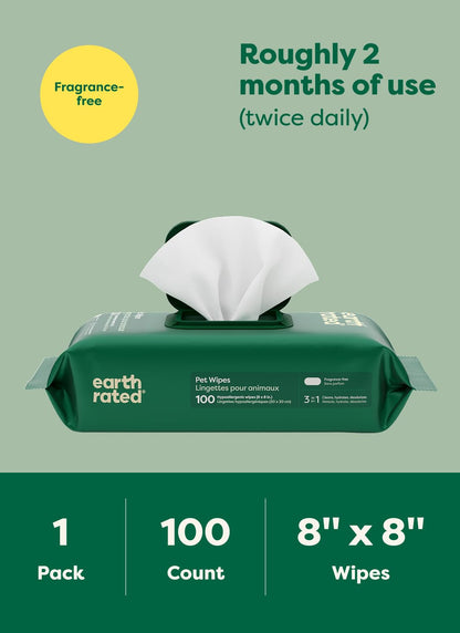 Earth Rated Dog Wipes for Paws & Butt, Deodorizing, Unscented, 100ct