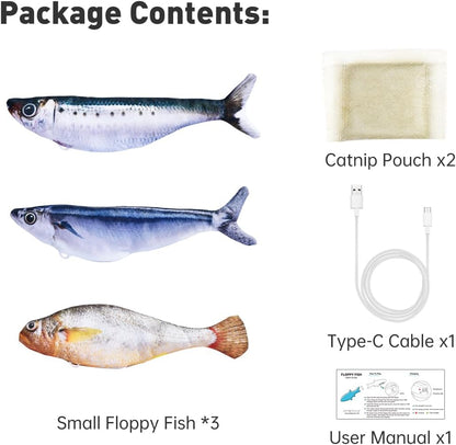 Petgravity Bite-Sized Realistic Flopping Fish Cat Toys, 3 Pack, Interactive Cat Toys for All Breeds, Tap-Activated 3 Flapping Mode, Sardine/Saury/Yellow Croaker, 7.1 Inches, with Catnip, Rechargeable
