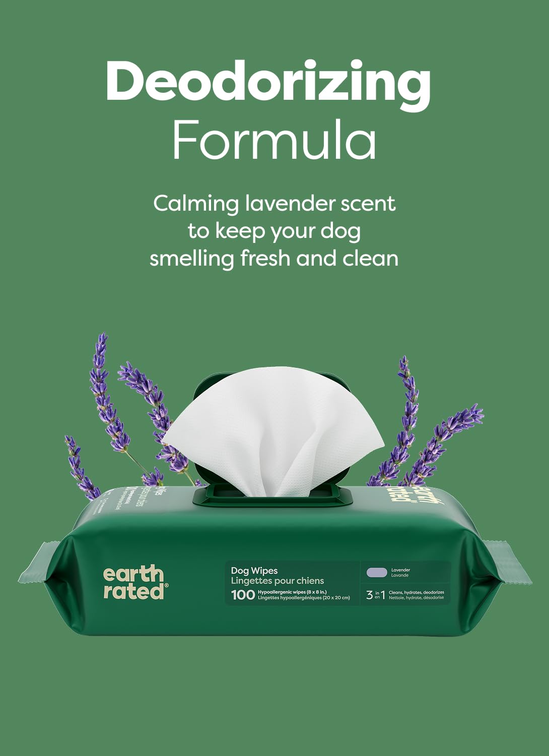 Earth Rated Dog Wipes for Paws & Butt, Deodorizing, Unscented, 100ct