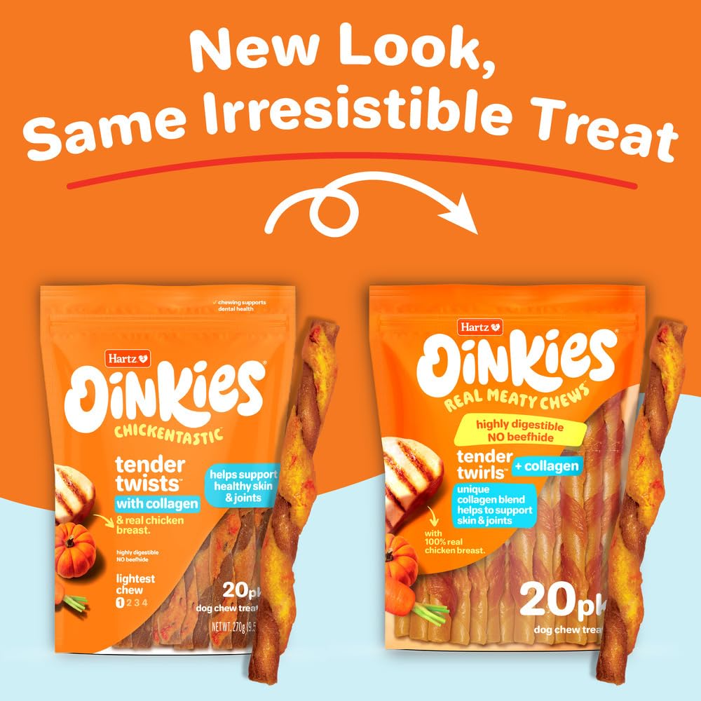 Hartz Oinkies Tender Twirls + Collagen Rawhide‑Free Dog Chews, 20 Count, 9.5 Ounce (Pack of 12)