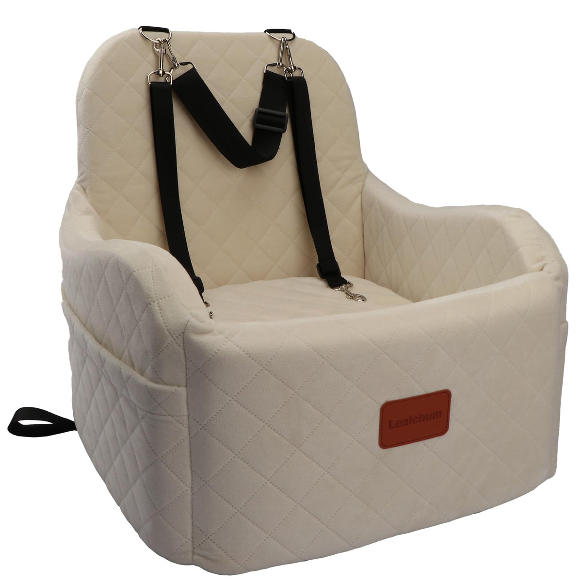 Lealchum Dog Booster Car Seat for S/M Dogs Up to 35lbs,Soft 6in Elevated Cushion,Fits in Front/Back Seat,Fully Detachable and Washable,2 Storage Pockets & 3 Straps,Easy to Install (Black/Brown,Medium)