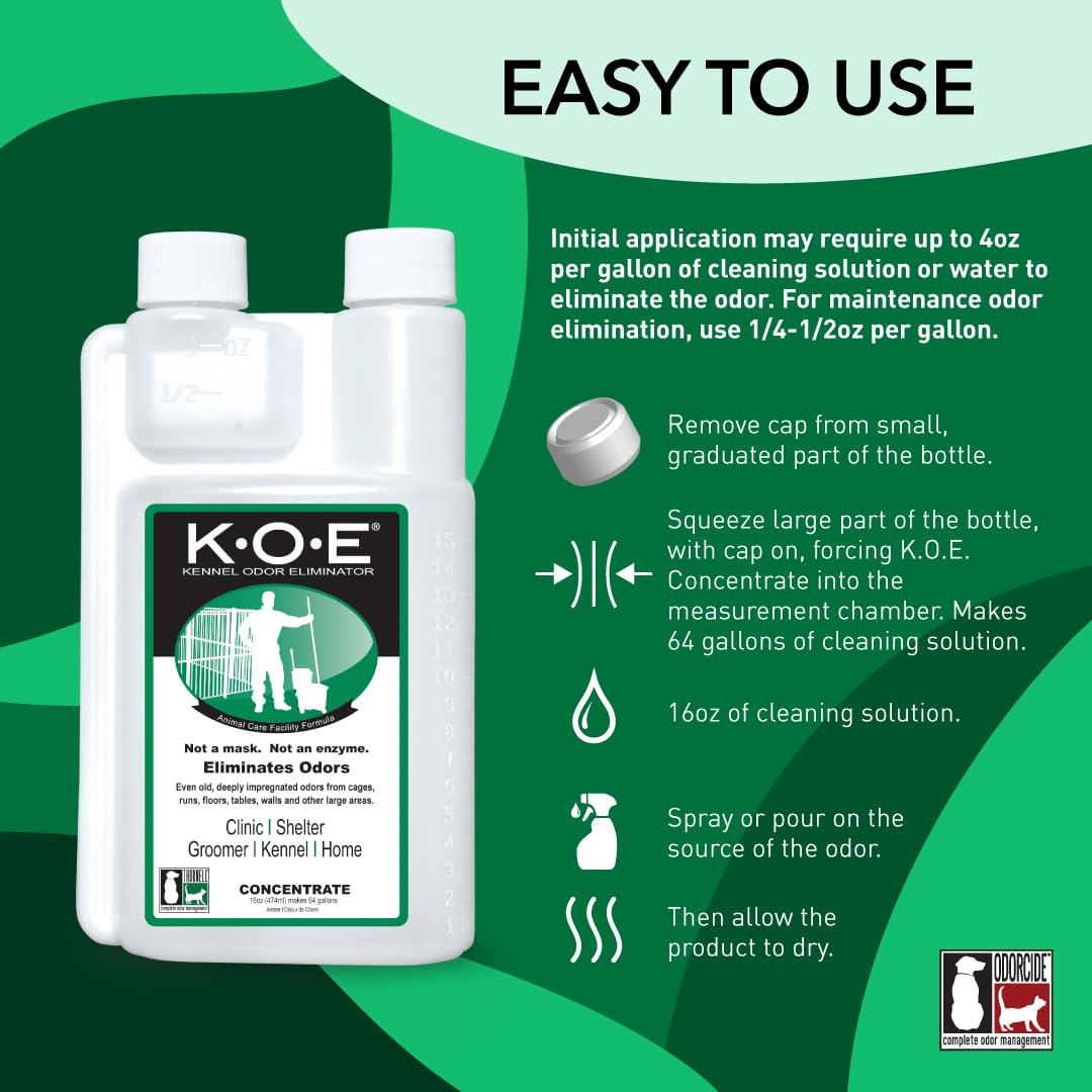 Odorcide K.O.E Kennel Odor Eliminator Concentrate, Fresh Scent, 16 oz - Non-Enzymatic Formula for Cages, Runs, Home and Kennel Use