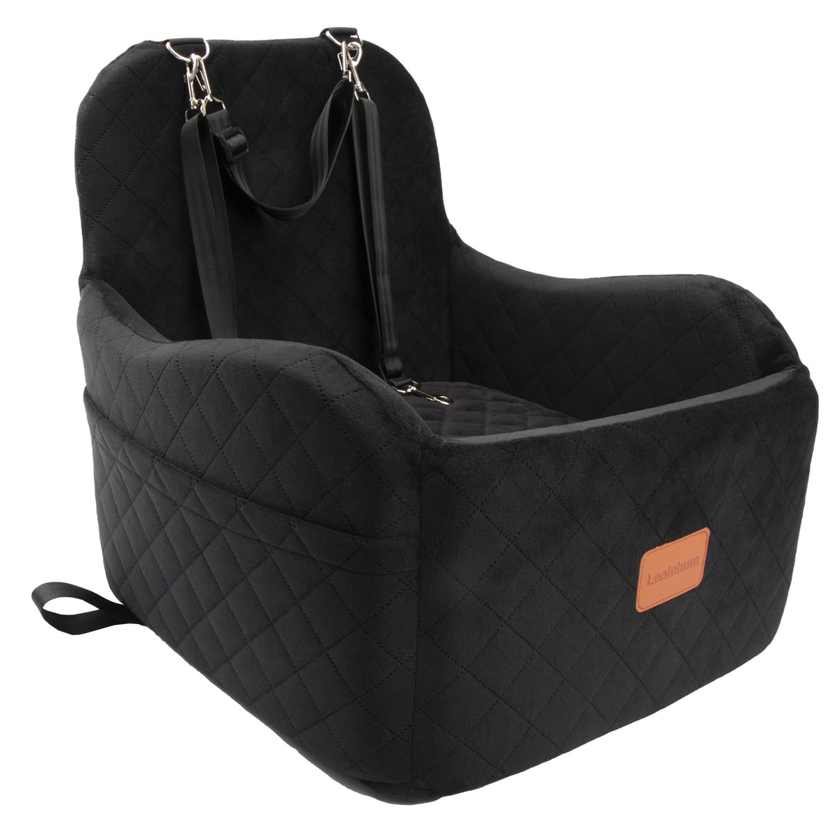 Lealchum Dog Booster Car Seat for S/M Dogs Up to 35lbs,Soft 6in Elevated Cushion,Fits in Front/Back Seat,Fully Detachable and Washable,2 Storage Pockets & 3 Straps,Easy to Install (Black/Brown,Medium)