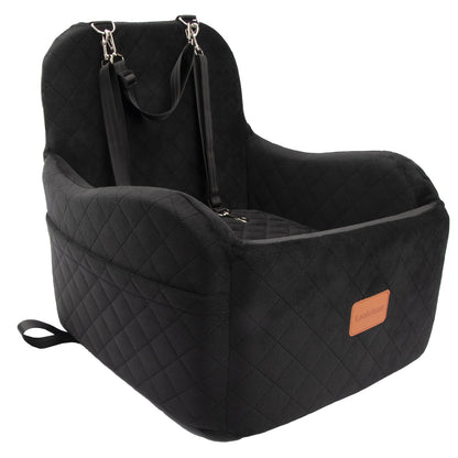 Lealchum Dog Booster Car Seat for S/M Dogs Up to 35lbs,Soft 6in Elevated Cushion,Fits in Front/Back Seat,Fully Detachable and Washable,2 Storage Pockets & 3 Straps,Easy to Install (Black/Brown,Medium)