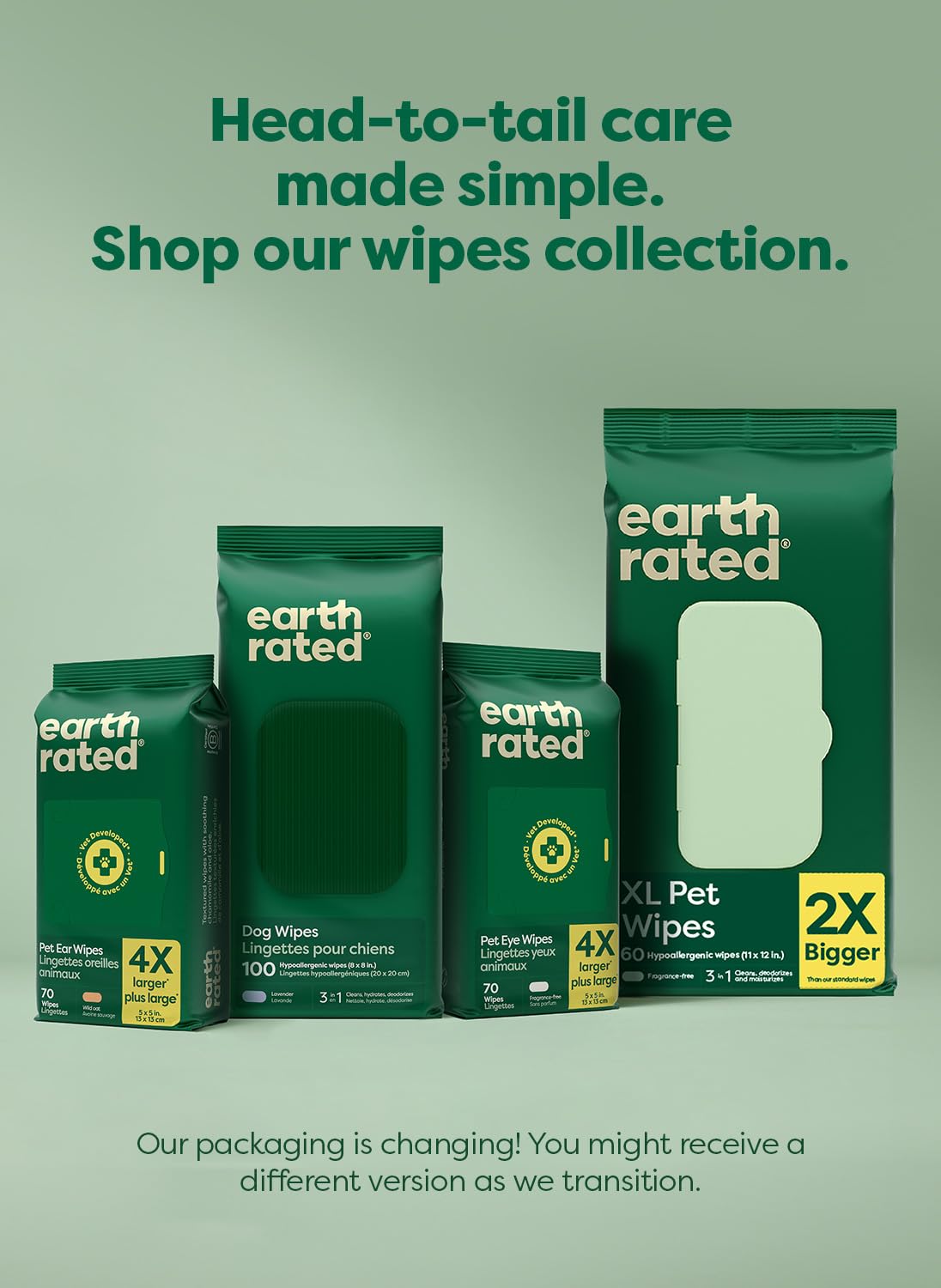 Earth Rated Dog Wipes for Paws & Butt, Deodorizing, Unscented, 100ct