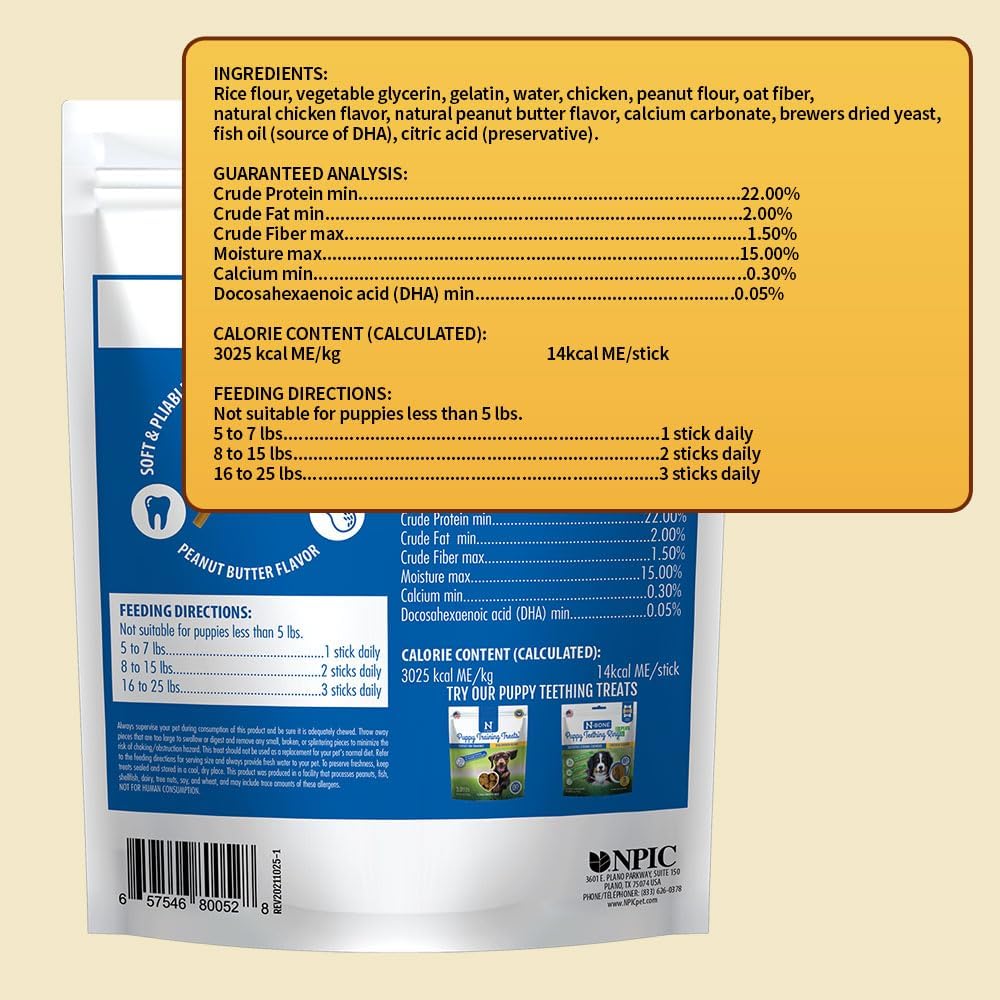 N-Bone Puppy Teething Sticks, Peanut Butter Flavor, Natural Puppy Chew Sticks & Teething Treats, SQF Certified, Made with Rice Flour for Easy Digestion, Calcium Enriched (3.7oz)