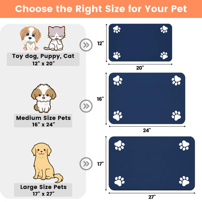 Pet Feeding Mat-Absorbent Pet Placemat for Food and Water Bowl, with Waterproof Rubber Backing, Quick Dry Water Dispenser Mat for Dog and Cat (20"x12", Blue)