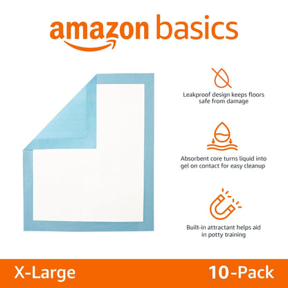 Basics X-Large Heavy Duty Absorbent Puppy Potty Pads, Leak-Proof, Quick-Dry, Super Absorbent Gel Technology for Dog Training, 28 x 34 Inches, Blue & White, Pack of 50