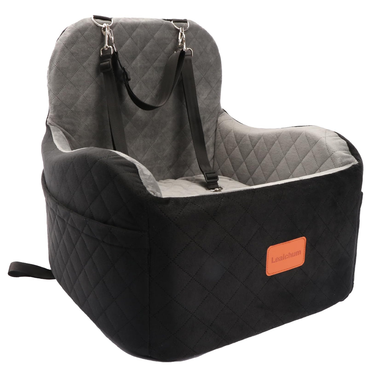 Lealchum Dog Booster Car Seat for S/M Dogs Up to 35lbs,Soft 6in Elevated Cushion,Fits in Front/Back Seat,Fully Detachable and Washable,2 Storage Pockets & 3 Straps,Easy to Install (Black/Brown,Medium)