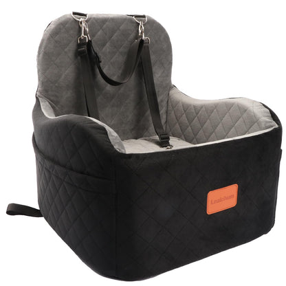 Lealchum Dog Booster Car Seat for S/M Dogs Up to 35lbs,Soft 6in Elevated Cushion,Fits in Front/Back Seat,Fully Detachable and Washable,2 Storage Pockets & 3 Straps,Easy to Install (Black/Brown,Medium)