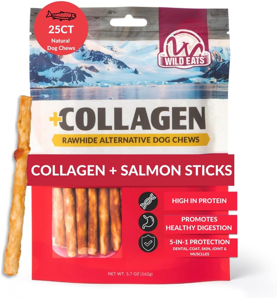 Wild Eats Real Salmon Collagen Bully Sticks for Dogs, 25 Pack, Long Lasting