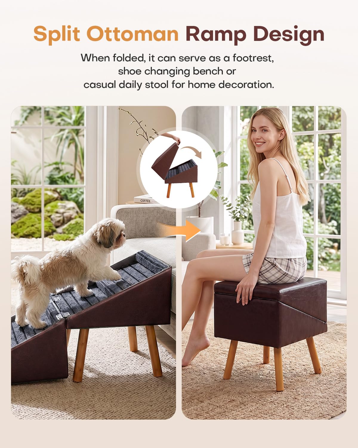 Dog Stairs for Small Dogs Faux Leather Foldable Pet Ramp and Ottoman