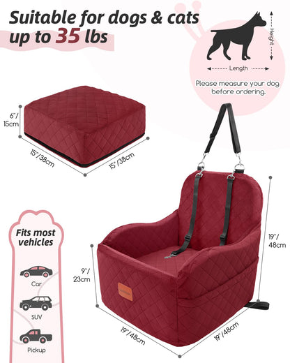 Lealchum Dog Booster Car Seat for S/M Dogs Up to 35lbs,Soft 6in Elevated Cushion,Fits in Front/Back Seat,Fully Detachable and Washable,2 Storage Pockets & 3 Straps,Easy to Install (Black/Brown,Medium)