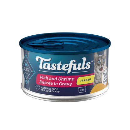 Blue Buffalo Tastefuls Wet Cat Food, Made with Natural Ingredients, Tuna and Chicken Flaked Entrées in Gravy, 3oz Cans, 4-Count Variety Pack Trial Size