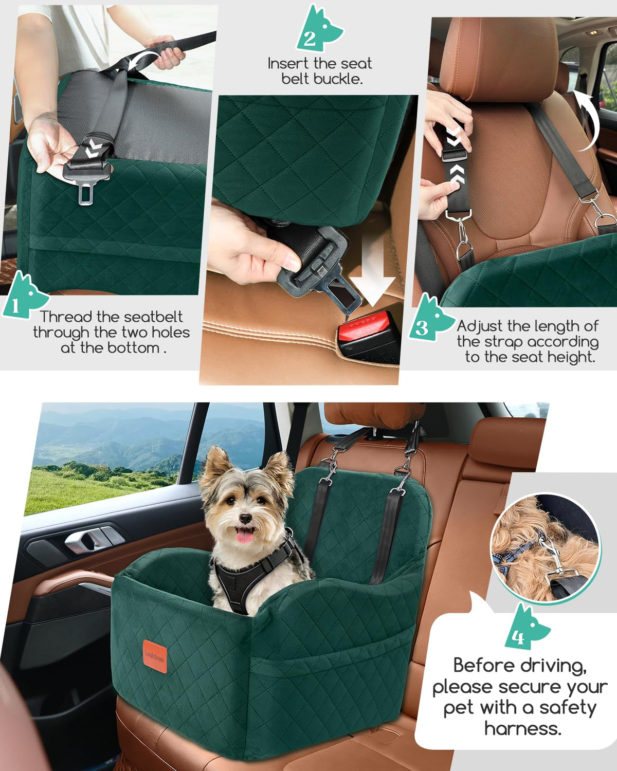 Lealchum Dog Booster Car Seat for S/M Dogs Up to 35lbs,Soft 6in Elevated Cushion,Fits in Front/Back Seat,Fully Detachable and Washable,2 Storage Pockets & 3 Straps,Easy to Install (Black/Brown,Medium)