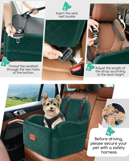 Lealchum Dog Booster Car Seat for S/M Dogs Up to 35lbs,Soft 6in Elevated Cushion,Fits in Front/Back Seat,Fully Detachable and Washable,2 Storage Pockets & 3 Straps,Easy to Install (Black/Brown,Medium)