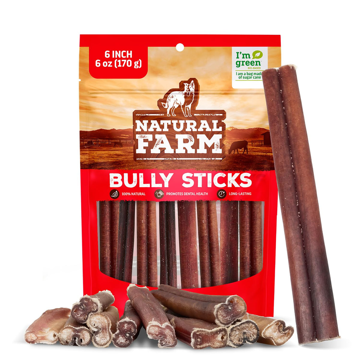 Natural Farm Odor-Free Bully Sticks (6 Inch, 25 count),1.3 lb. Bag, Fully Digestible 100% Beef Pizzle Chews,Grass-Fed, Non-GMO,Grain-Free, Natural Long-Lasting Chews for Small & Large Dogs. Pack of 25