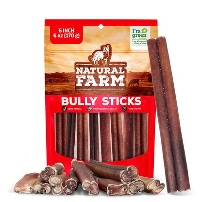 Natural Farm Odor-Free Bully Sticks (6 Inch, 25 count),1.3 lb. Bag, Fully Digestible 100% Beef Pizzle Chews,Grass-Fed, Non-GMO,Grain-Free, Natural Long-Lasting Chews for Small & Large Dogs. Pack of 25