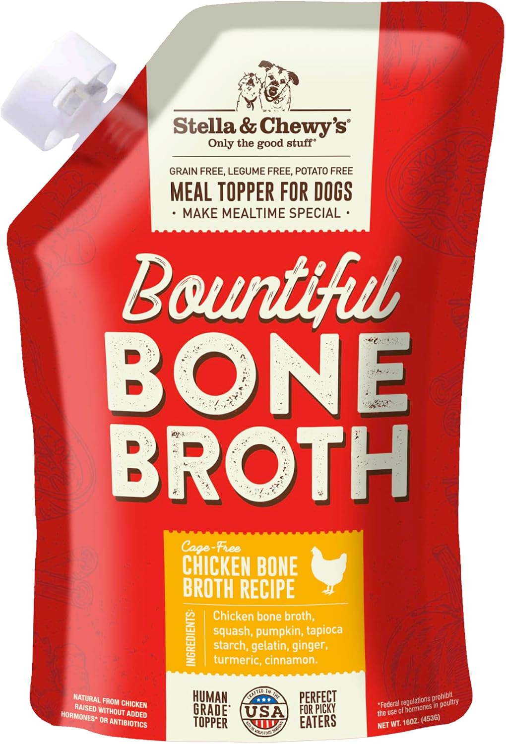 Stella & Chewy's Premium Cage-Free Chicken Bone Broth for Dogs - Joint & Gut Health Support Liquid Food Topper with Collagen & Turmeric, 16 Fl Oz Resealable Pouch