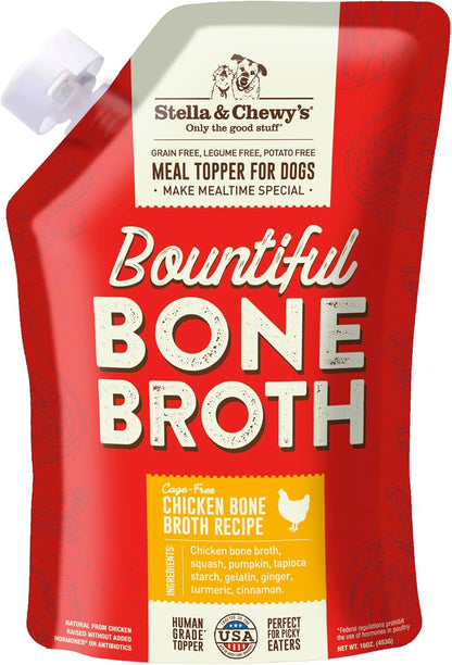 Stella & Chewy's Premium Cage-Free Chicken Bone Broth for Dogs - Joint & Gut Health Support Liquid Food Topper with Collagen & Turmeric, 16 Fl Oz Resealable Pouch
