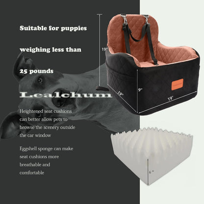 Lealchum Dog Booster Car Seat for S/M Dogs Up to 35lbs,Soft 6in Elevated Cushion,Fits in Front/Back Seat,Fully Detachable and Washable,2 Storage Pockets & 3 Straps,Easy to Install (Black/Brown,Medium)