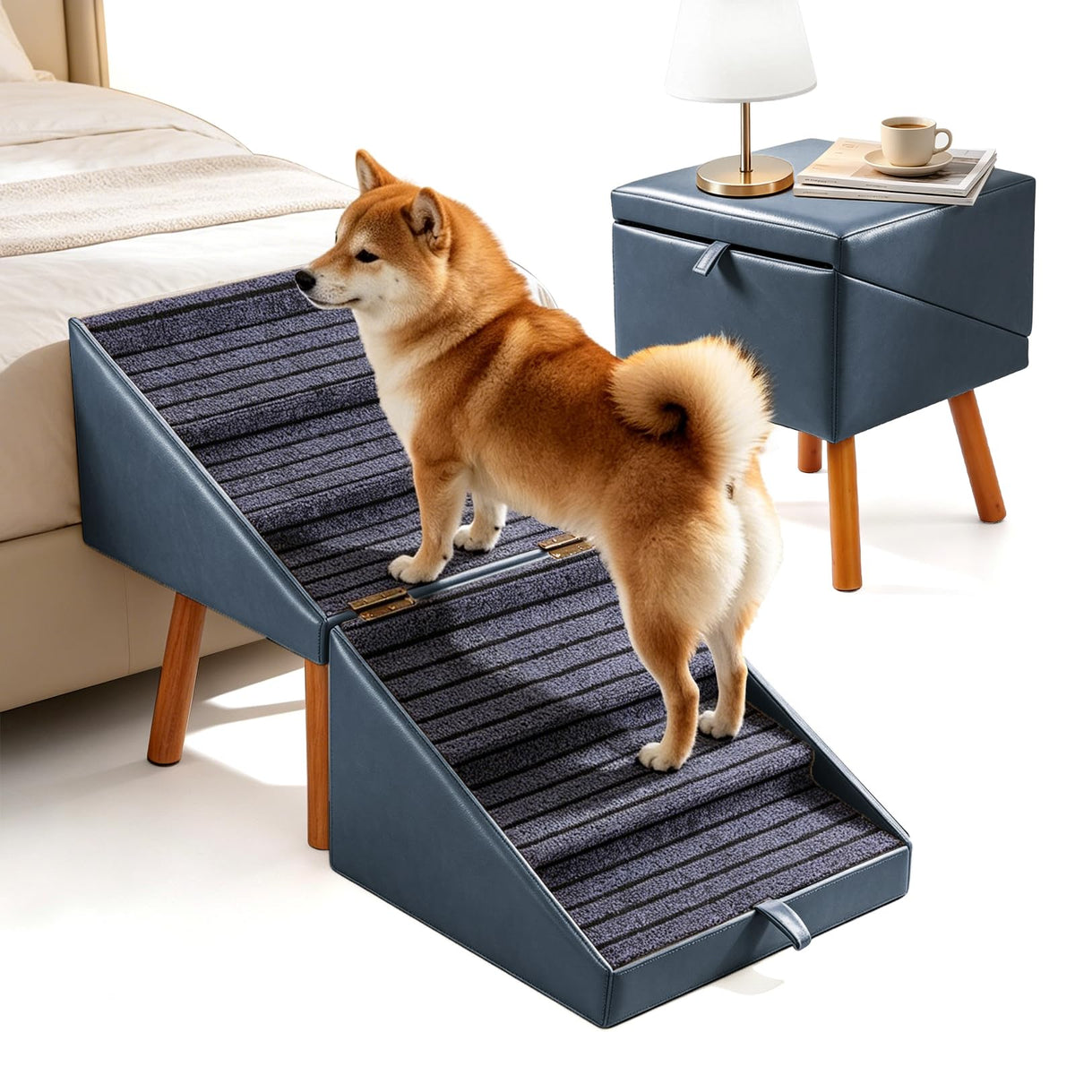 Dog Stairs for Small Dogs Faux Leather Foldable Pet Ramp and Ottoman