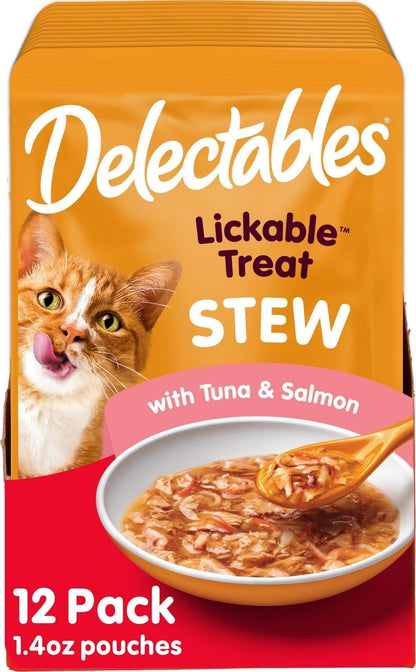 Delectables Lickable Treat Stew Wet Cat Treat with Real Tuna & Shrimp, Food Topper, Hydrating, Grain-Free, No Fillers, No By-Products, No Added Preservatives, 1.4oz Pouch, 12ct