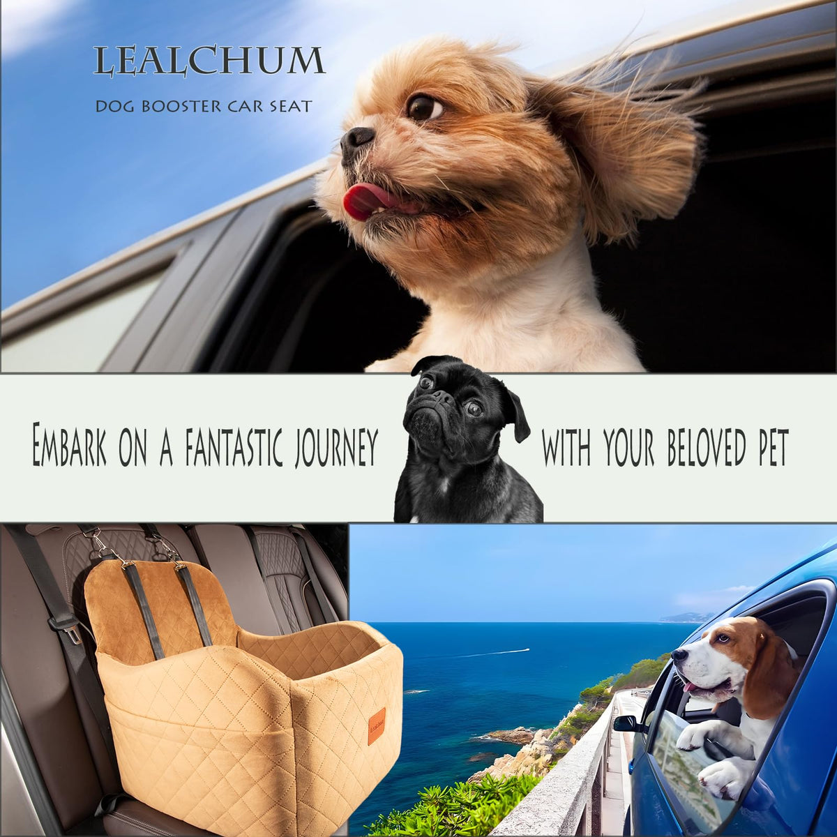 Lealchum Dog Booster Car Seat for S/M Dogs Up to 35lbs,Soft 6in Elevated Cushion,Fits in Front/Back Seat,Fully Detachable and Washable,2 Storage Pockets & 3 Straps,Easy to Install (Black/Brown,Medium)