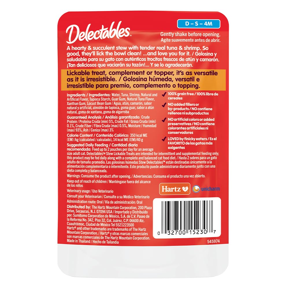 Delectables Lickable Treat Stew Wet Cat Treat with Real Tuna & Shrimp, Food Topper, Hydrating, Grain-Free, No Fillers, No By-Products, No Added Preservatives, 1.4oz Pouch, 12ct