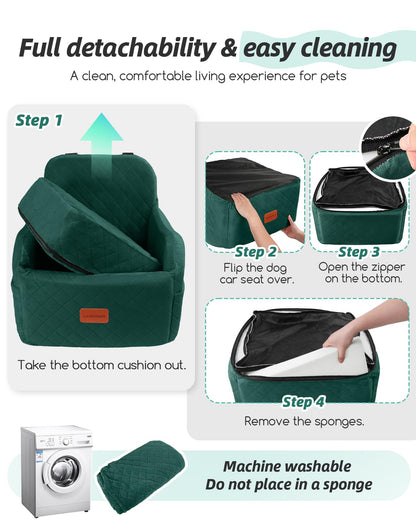 Lealchum Dog Booster Car Seat for S/M Dogs Up to 35lbs,Soft 6in Elevated Cushion,Fits in Front/Back Seat,Fully Detachable and Washable,2 Storage Pockets & 3 Straps,Easy to Install (Black/Brown,Medium)