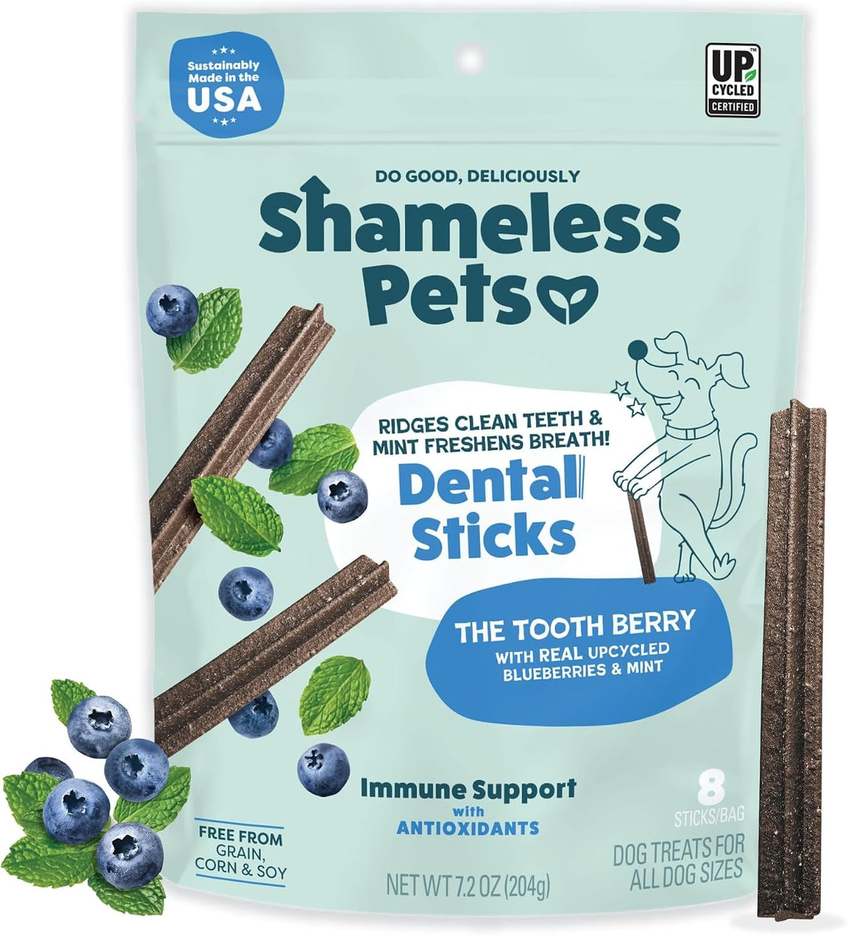 Shameless Pets Blueberry & Mint Dental Chews for Dogs, 8 Chews - Natural Dog Teeth Cleaning Treats with Fresh Breath Benefits | Grain-Free Dental Sticks for Small, Medium & Large Dogs (Pack of 6)