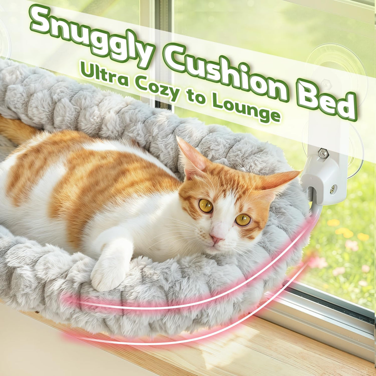 AMOSIJOY Cordless Cat Window Perch with Cushion Bed Metal Frame, L Gray