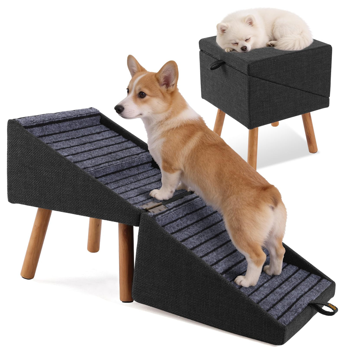 Dog Stairs for Small Dogs Faux Leather Foldable Pet Ramp and Ottoman