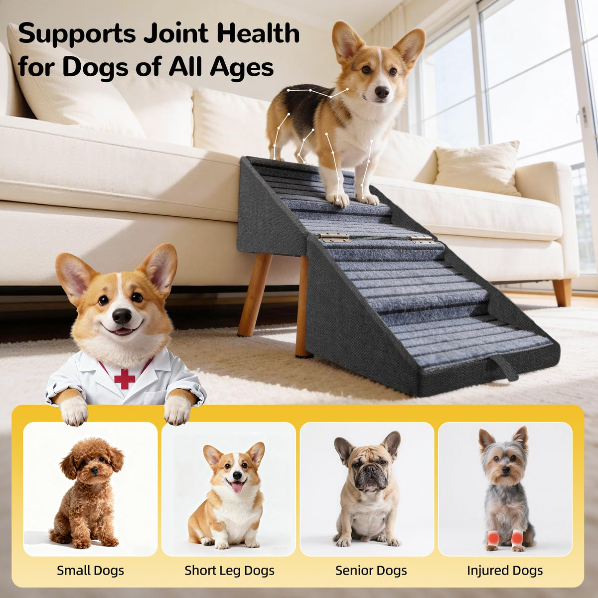 Dog Stairs for Small Dogs Faux Leather Foldable Pet Ramp and Ottoman