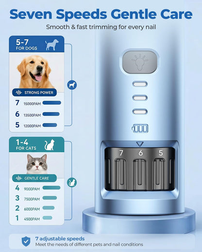 CATPICK 7-Speed Quiet Dog & Cat Nail Grinder with 360° LED for Thick Nails